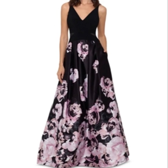 Macys Xscape Womens Navy Pleated Floral Print Gown Size 6 - Picture 1 of 4